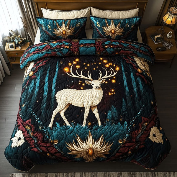 Golden Antlers quilted 3-piece bedding set on a made bed with two matching pillow shams