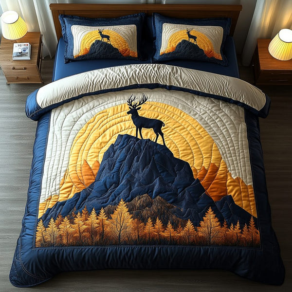 Golden Antlers quilted 3-piece bedding set on a made bed with two matching pillow shams