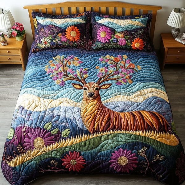 Golden Antlers quilted 3-piece bedding set on a made bed with two matching pillow shams
