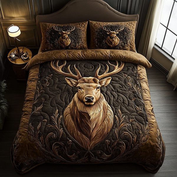 Golden Antlers quilted 3-piece bedding set on a made bed with two matching pillow shams