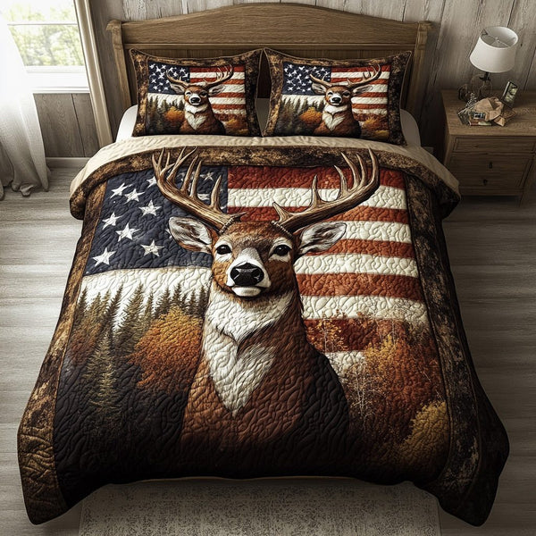 Golden Antlers quilted 3-piece bedding set on a made bed with two matching pillow shams