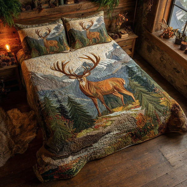 Golden Antlers quilted 3-piece bedding set on a made bed with two matching pillow shams