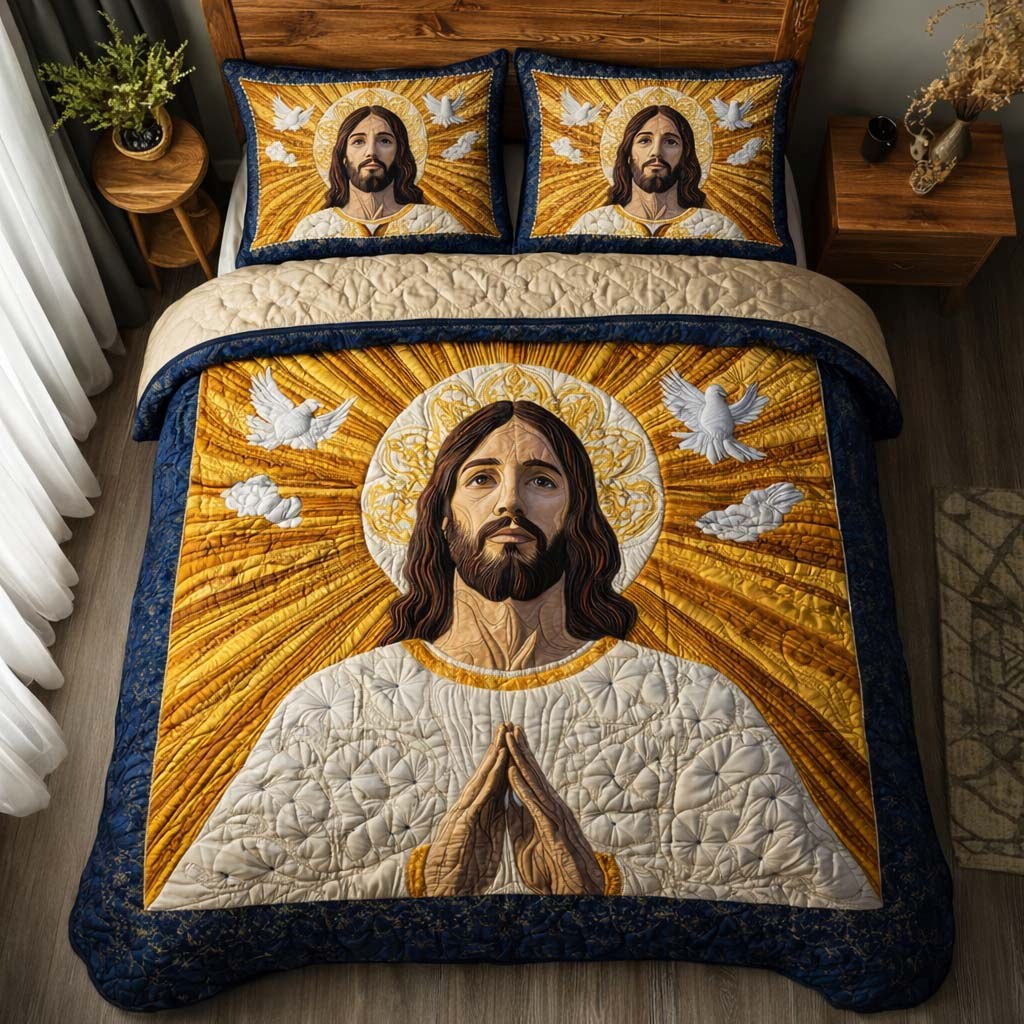 Golden Ascension quilted 3-piece bedding set on a made bed with two matching pillow shams