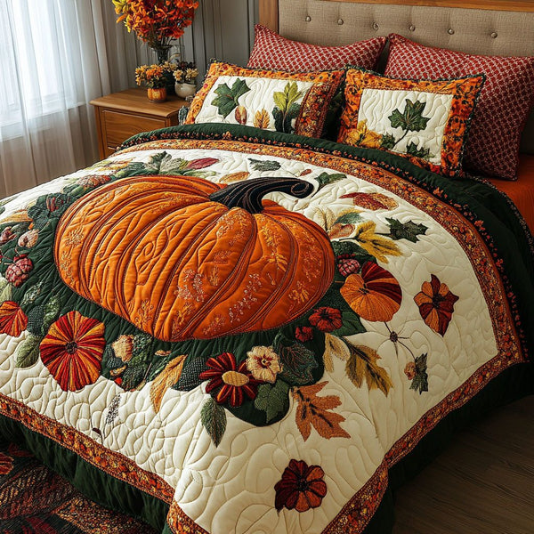 Golden Autumn Pumpkins quilted 3-piece bedding set on a made bed against a dark styled interior