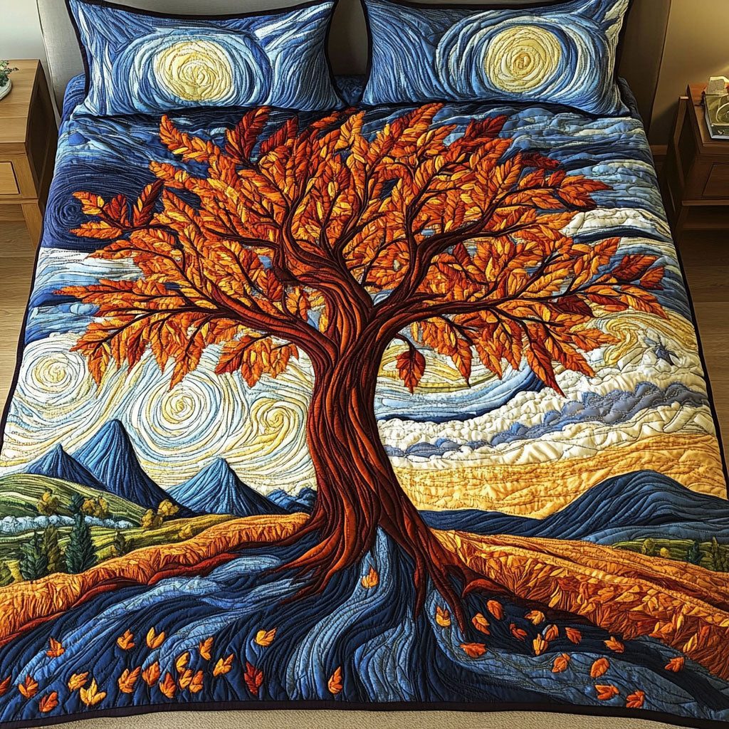 Golden Autumn Tree quilted 3-piece bedding set on a made bed with two matching pillow shams