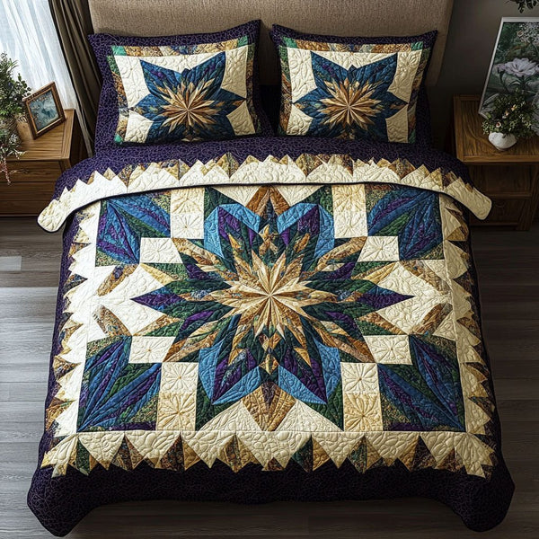 Golden Barn Star quilted 3-piece bedding set on a made bed in a farmhouse bedroom