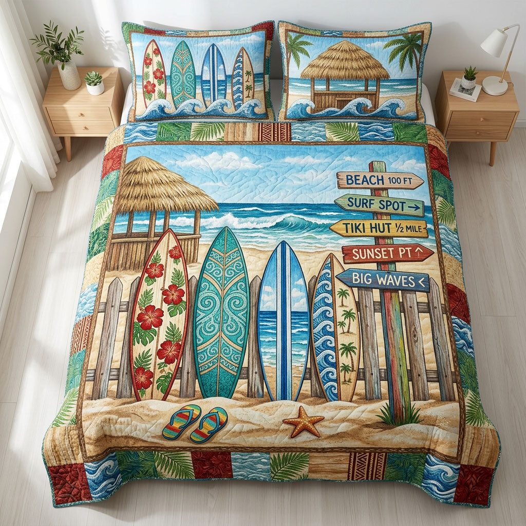 Golden Beach quilted 3-piece bedding set on a made bed in a light coastal bedroom