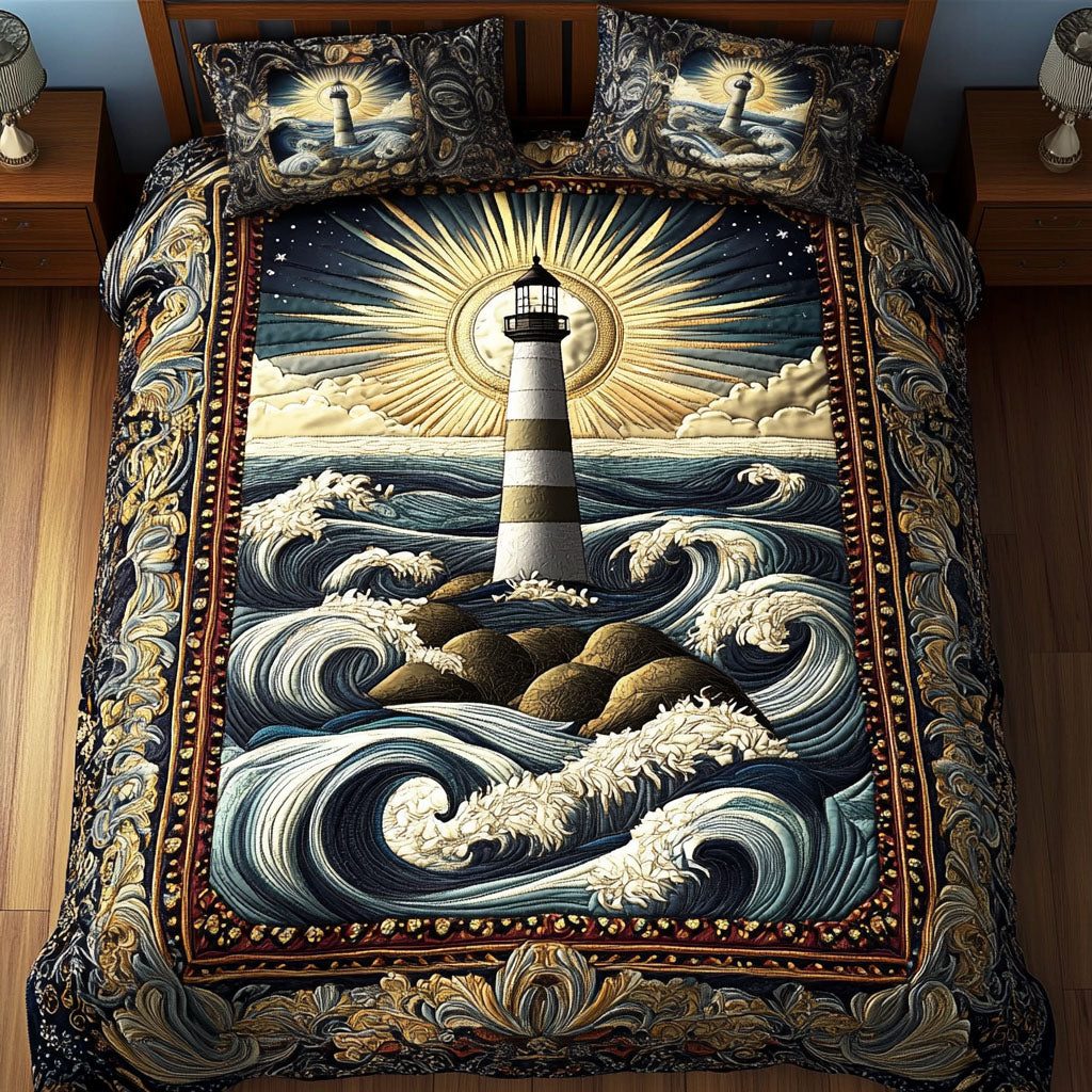 Golden Beacon Waves quilted 3-piece bedding set on a made bed in a light coastal bedroom
