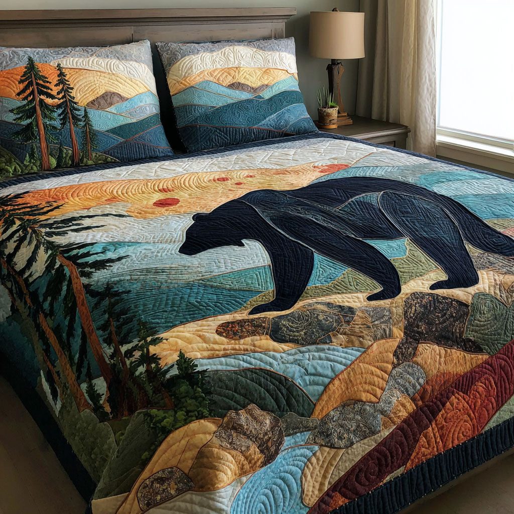 Golden Bear quilted 3-piece bedding set on a made bed with two matching pillow shams