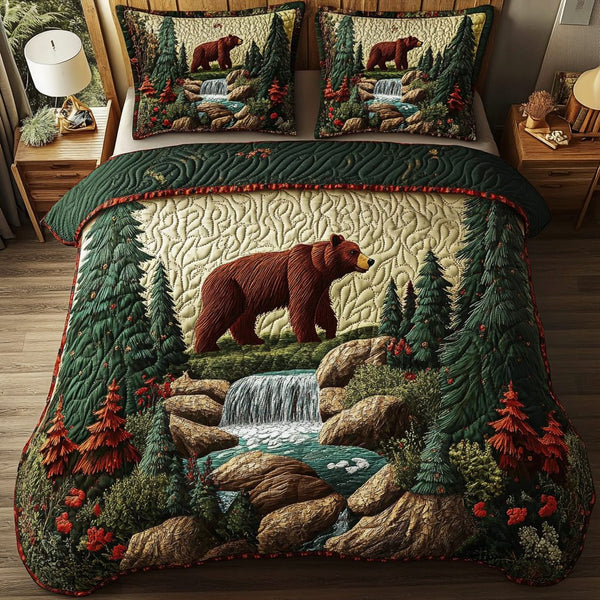 Golden Bear quilted 3-piece bedding set on a made bed with two matching pillow shams