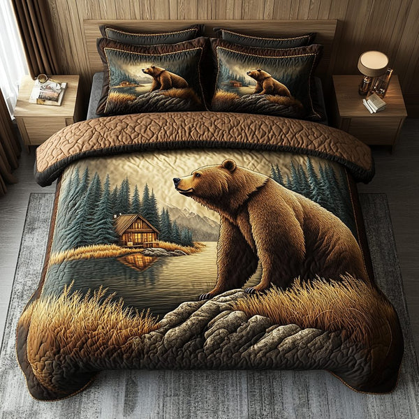Golden Bear quilted 3-piece bedding set on a made bed with two matching pillow shams