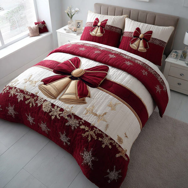 Golden Bell Accent quilted 3-piece bedding set on a made bed with two matching pillow shams