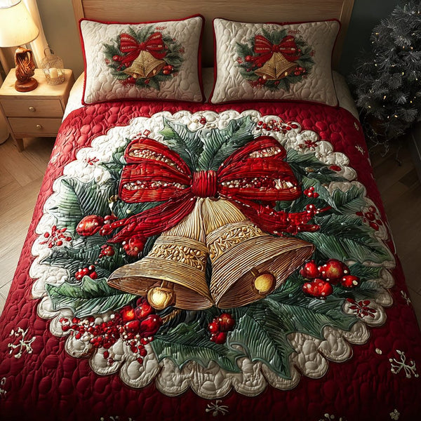 Golden Bells quilted 3-piece bedding set on a made bed with two matching pillow shams