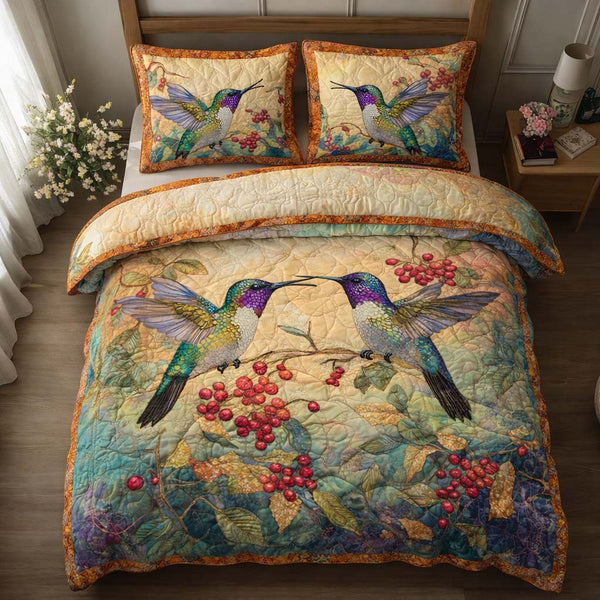 Golden Berries quilted 3-piece bedding set on a made bed with two matching pillow shams