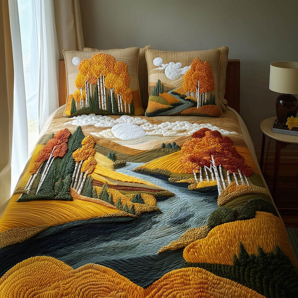 Golden Birch quilted 3-piece bedding set on a made bed with two matching pillow shams