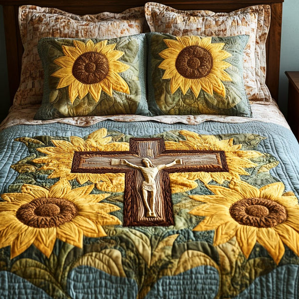 Golden Blessings quilted 3-piece bedding set on a made bed with two matching pillow shams