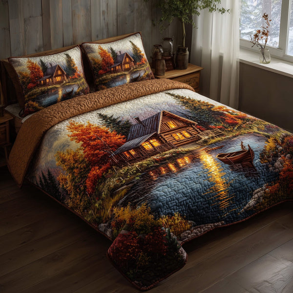Golden Bloom Cabin quilted 3-piece bedding set on a made bed with two matching pillow shams