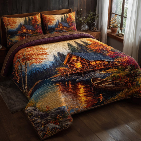 Golden Bloom Cabin quilted 3-piece bedding set on a made bed with two matching pillow shams
