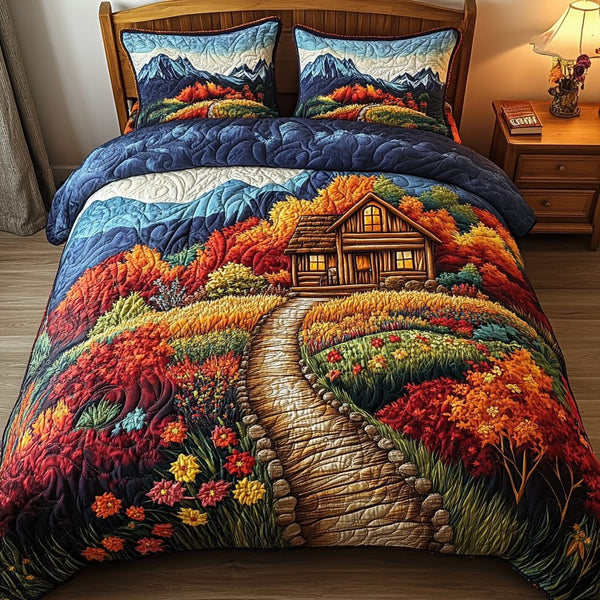 Golden Bloom Cabin quilted 3-piece bedding set on a made bed with two matching pillow shams