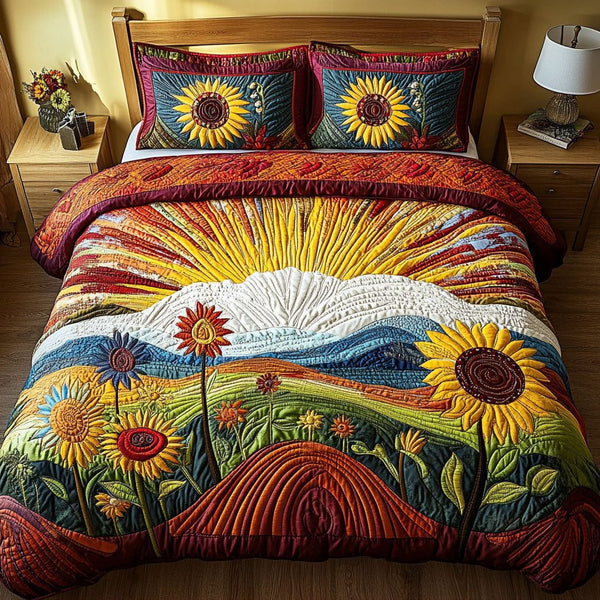 Golden Bloom Haven quilted 3-piece bedding set on a made bed with two matching pillow shams