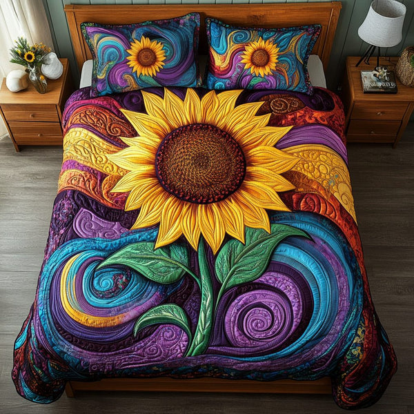 Golden Bloom quilted 3-piece bedding set on a made bed with two matching pillow shams