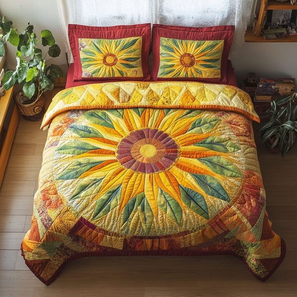 Golden Bloom quilted 3-piece bedding set on a made bed with two matching pillow shams
