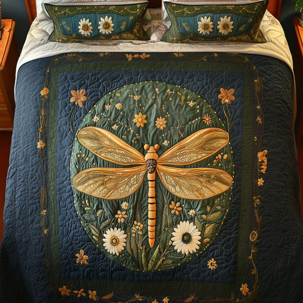 Golden Bloom quilted 3-piece bedding set on a made bed with two matching pillow shams