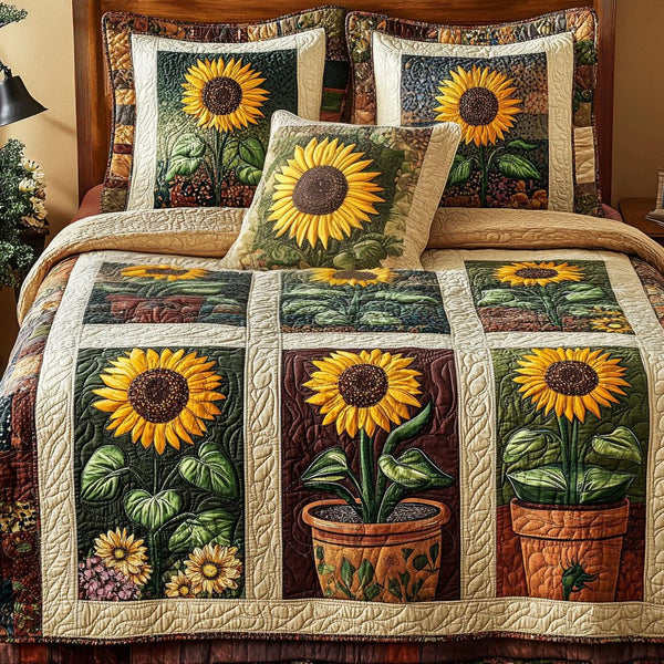 Golden Bloom quilted 3-piece bedding set on a made bed with two matching pillow shams