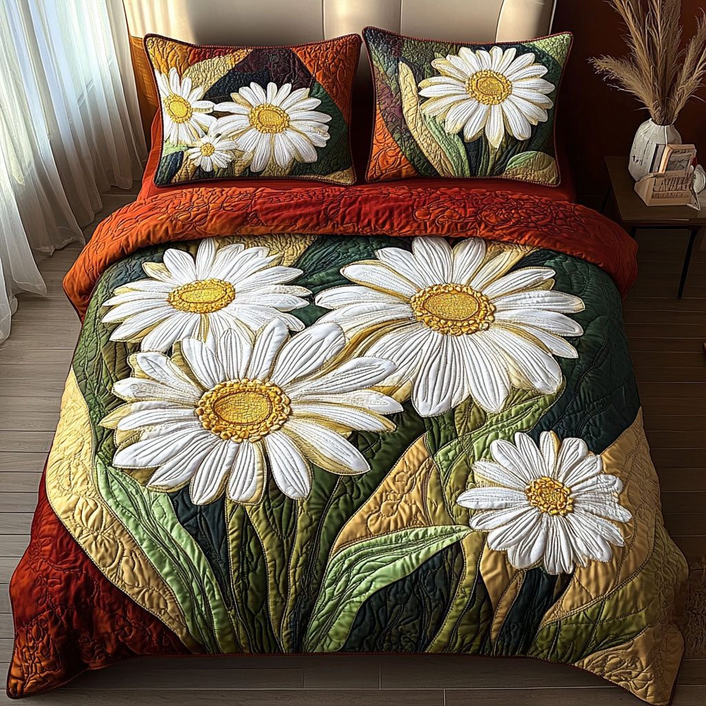 Golden Bloom quilted 3-piece bedding set on a made bed with two matching pillow shams