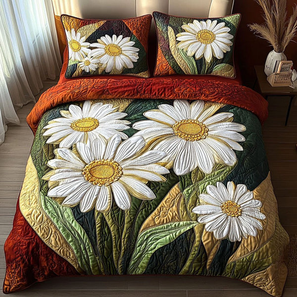Golden Bloom quilted 3-piece bedding set on a made bed with two matching pillow shams