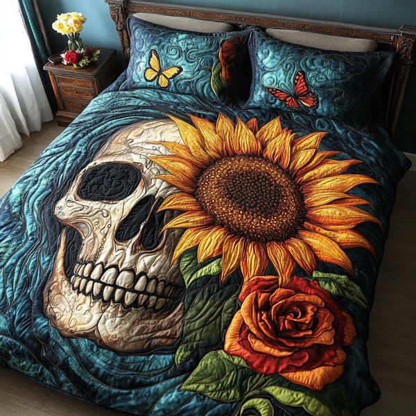 Golden Bloom quilted 3-piece bedding set on a made bed with two matching pillow shams