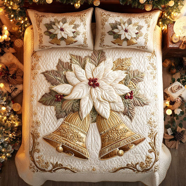 Golden Bloom quilted 3-piece bedding set on a made bed with two matching pillow shams