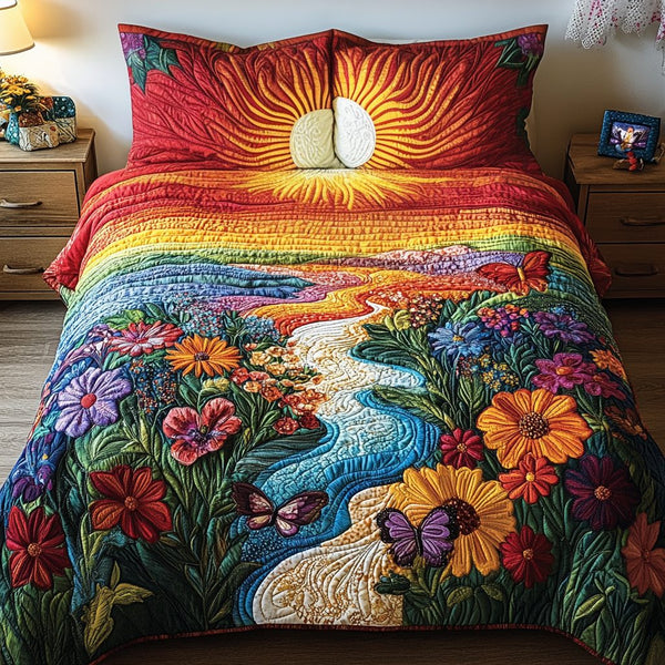 Golden Bloom quilted 3-piece bedding set on a made bed with two matching pillow shams