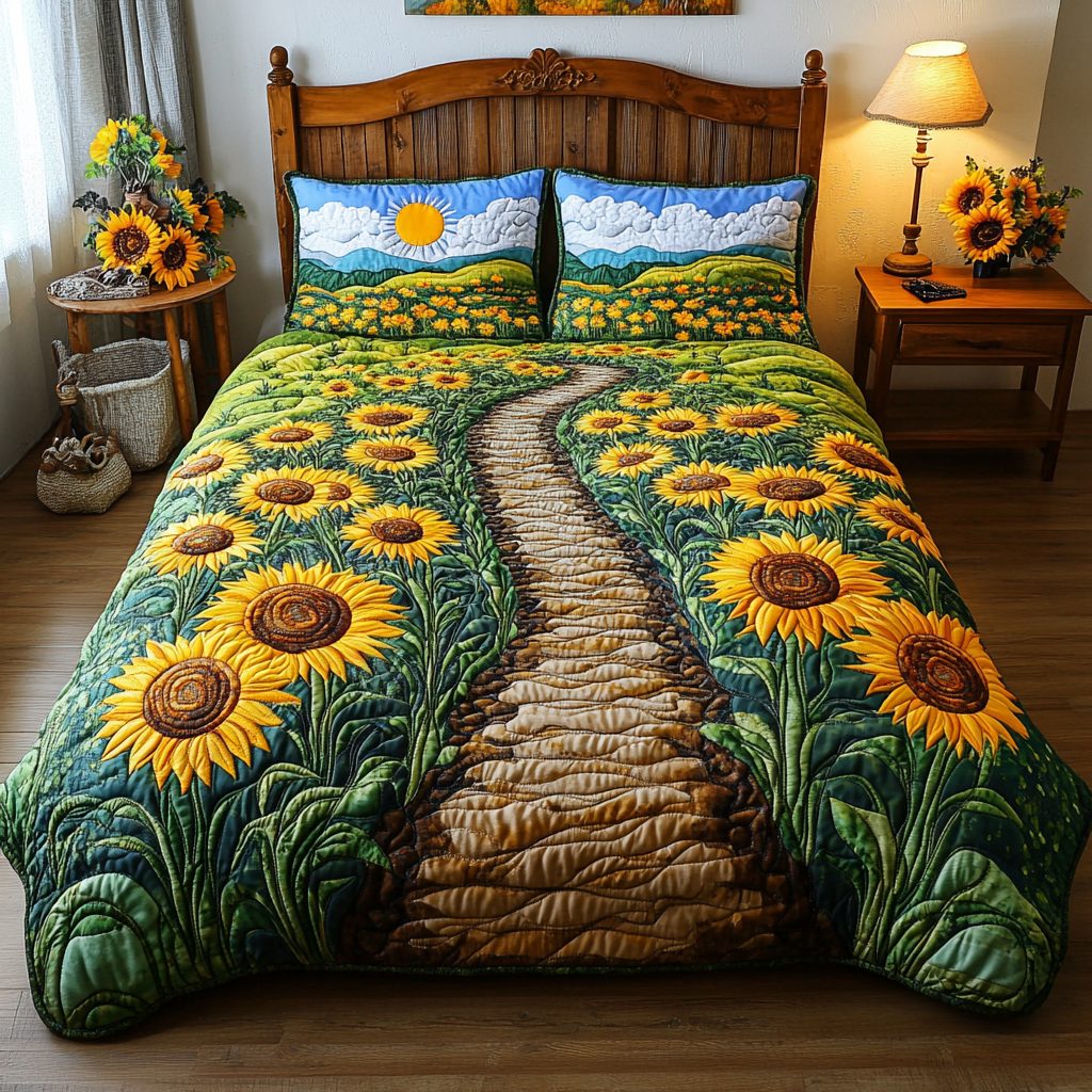 Golden Bloom quilted 3-piece bedding set on a made bed with two matching pillow shams