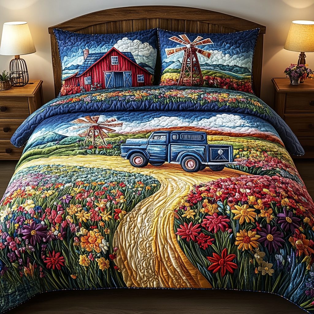 Golden Bloom quilted 3-piece bedding set on a made bed with two matching pillow shams