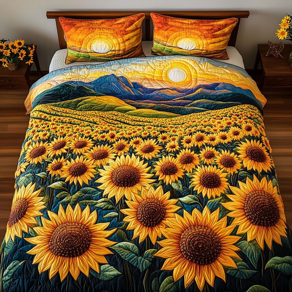 Golden Bloom Valley quilted 3-piece bedding set on a made bed with two matching pillow shams