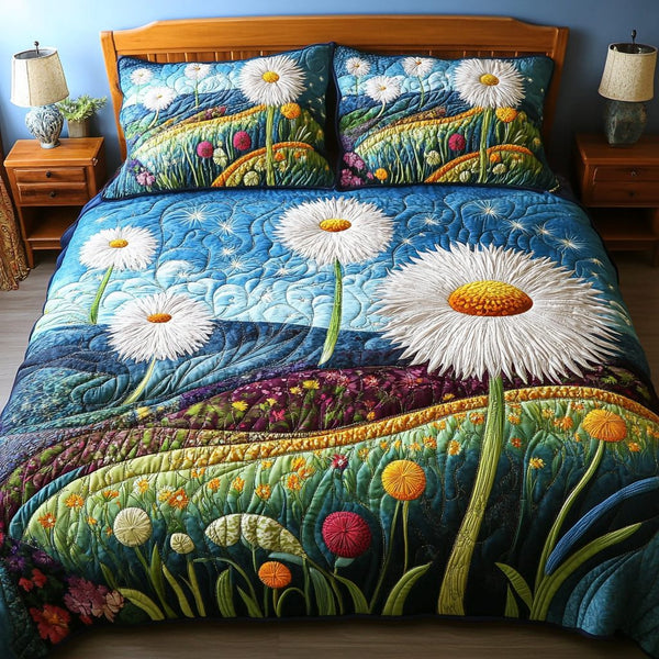 Golden Blooms quilted 3-piece bedding set on a made bed with two matching pillow shams