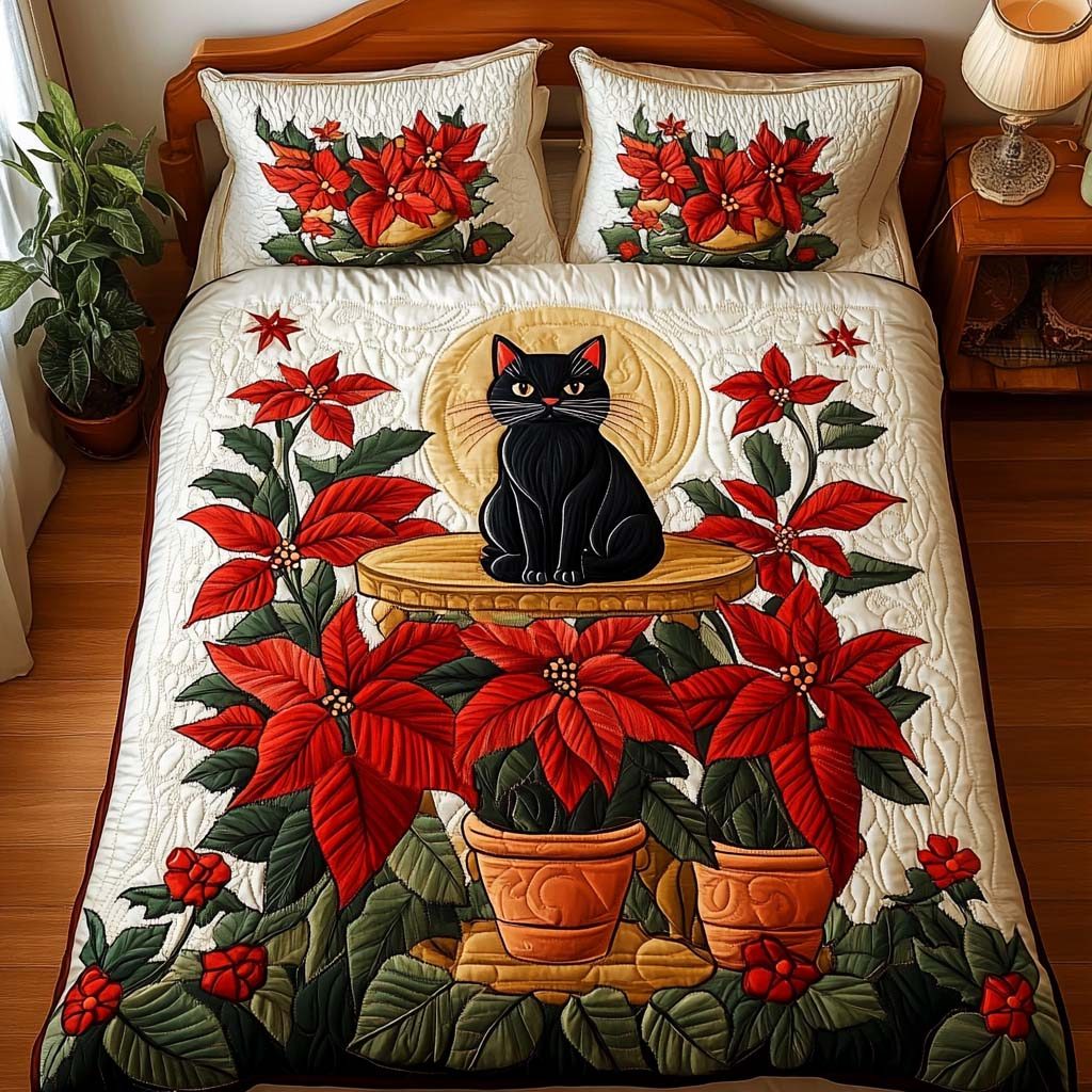 Golden Blooms quilted 3-piece bedding set on a made bed with two matching pillow shams