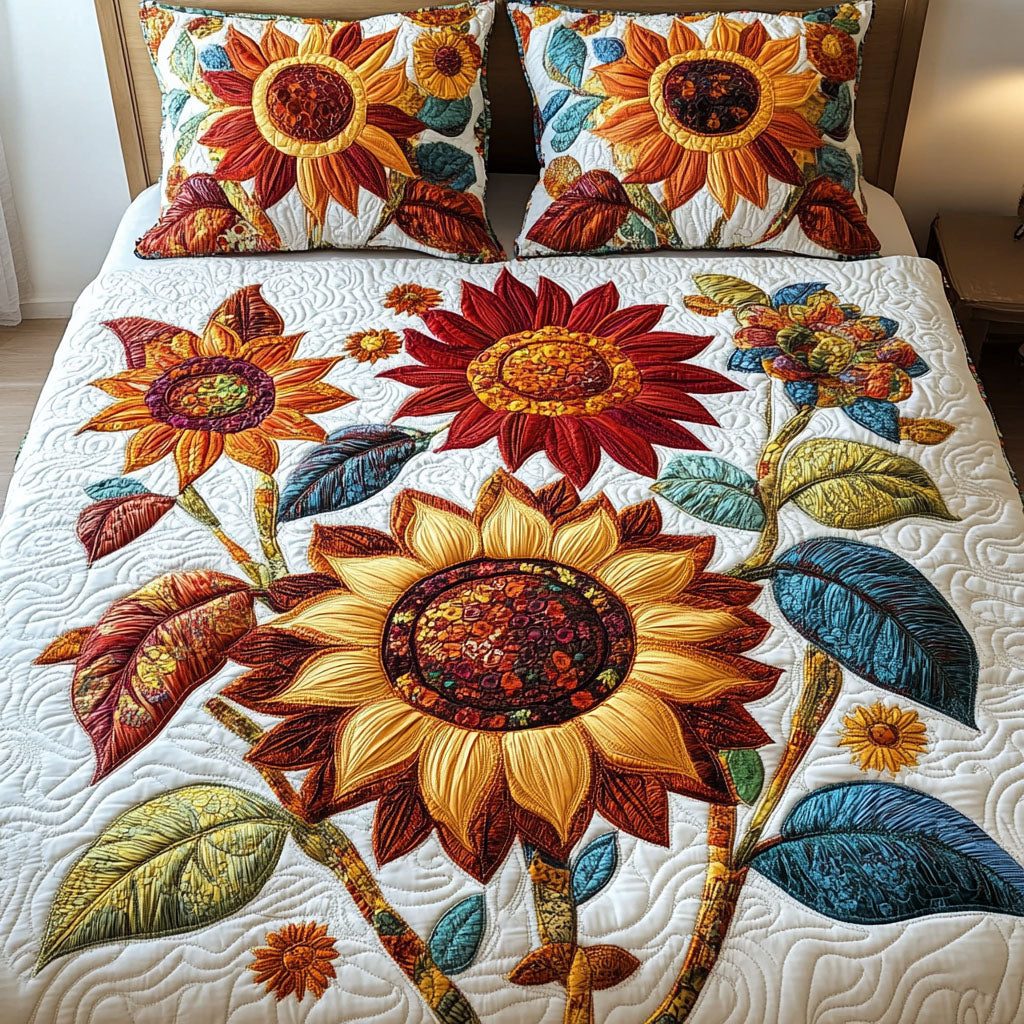 Golden Blooms quilted 3-piece bedding set on a made bed with two matching pillow shams