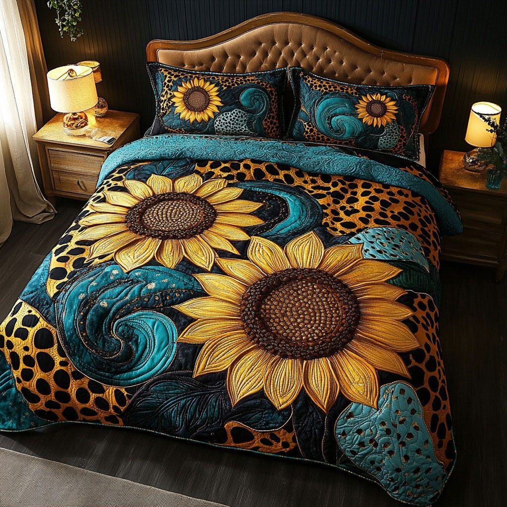 Golden Blooms quilted 3-piece bedding set on a made bed with two matching pillow shams