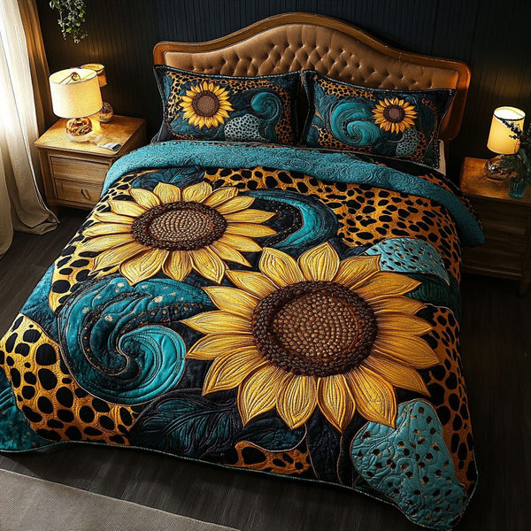 Golden Blooms quilted 3-piece bedding set on a made bed with two matching pillow shams