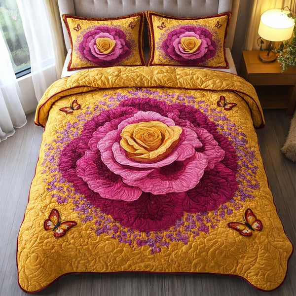 Golden Blossom quilted 3-piece bedding set on a made bed with two matching pillow shams