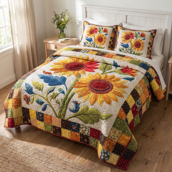 Golden Blossom Retreat quilted 3-piece bedding set on a made bed with two matching pillow shams