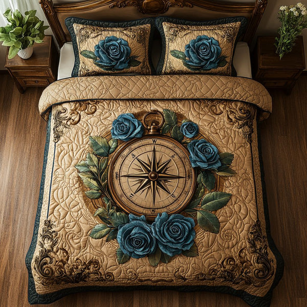 Golden Blue quilted 3-piece bedding set on a made bed with two matching pillow shams