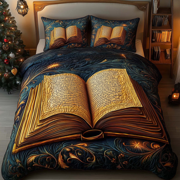 Golden Book quilted 3-piece bedding set on a made bed with two matching pillow shams
