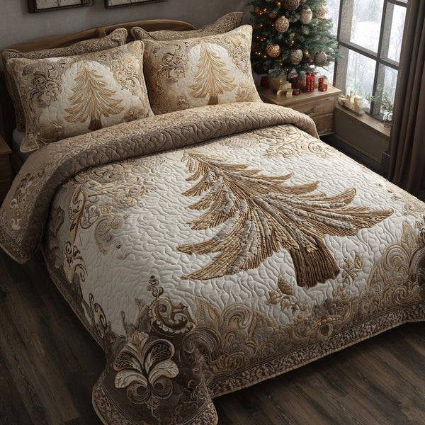 Golden Boughs quilted 3-piece bedding set on a made bed with two matching pillow shams