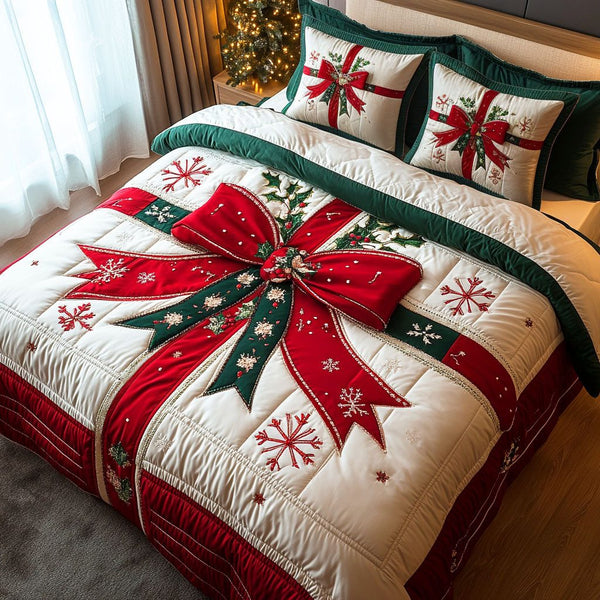 Golden Bow quilted 3-piece bedding set on a made bed with two matching pillow shams
