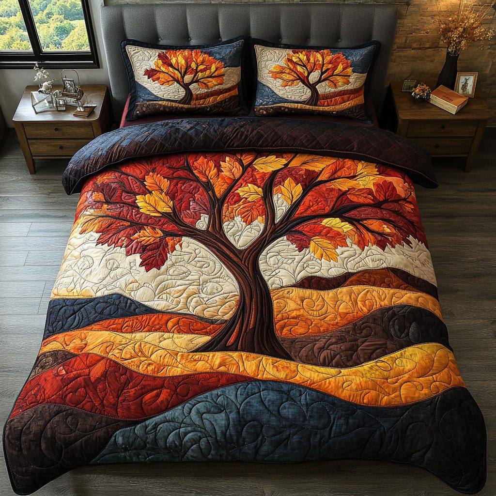 Golden Branch quilted 3-piece bedding set on a made bed in a rustic timber bedroom
