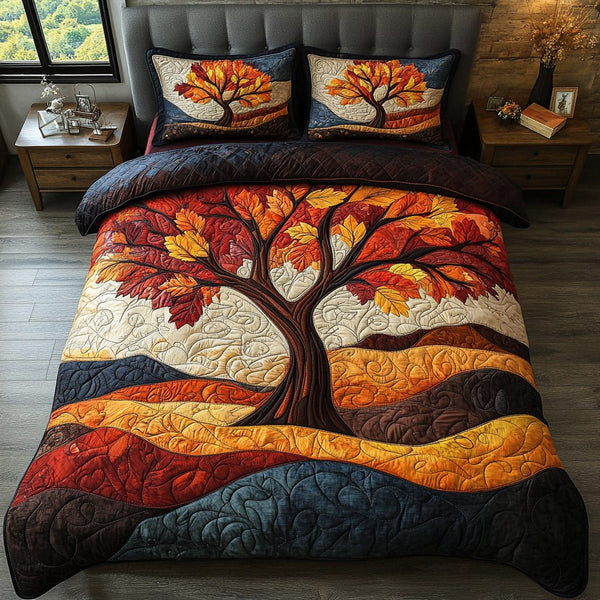Golden Branch quilted 3-piece bedding set on a made bed in a rustic timber bedroom