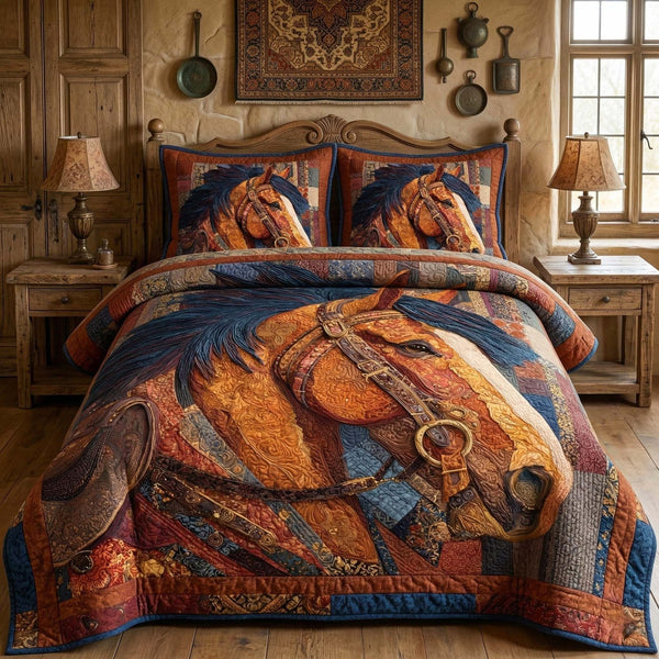 Golden Bridle quilted 3-piece bedding set on a made bed with two matching pillow shams